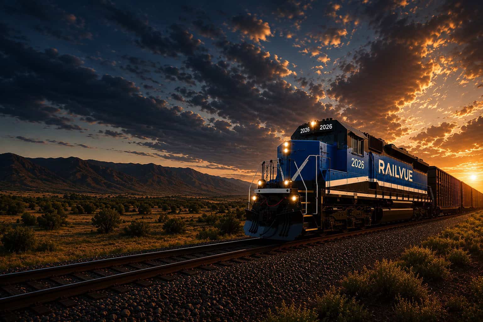 RAILvue-equipped locomotive at sunset