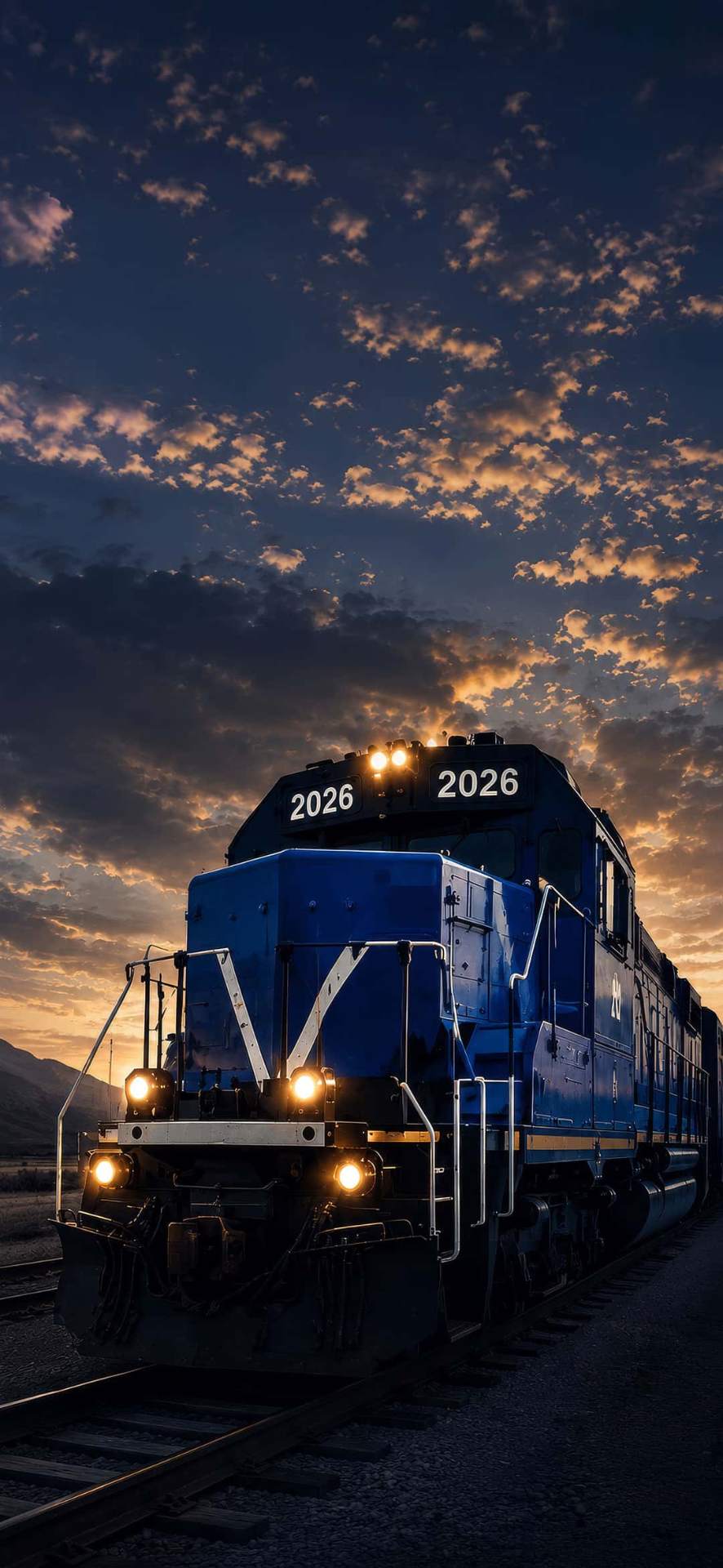 RAILvue-equipped locomotive at sunset